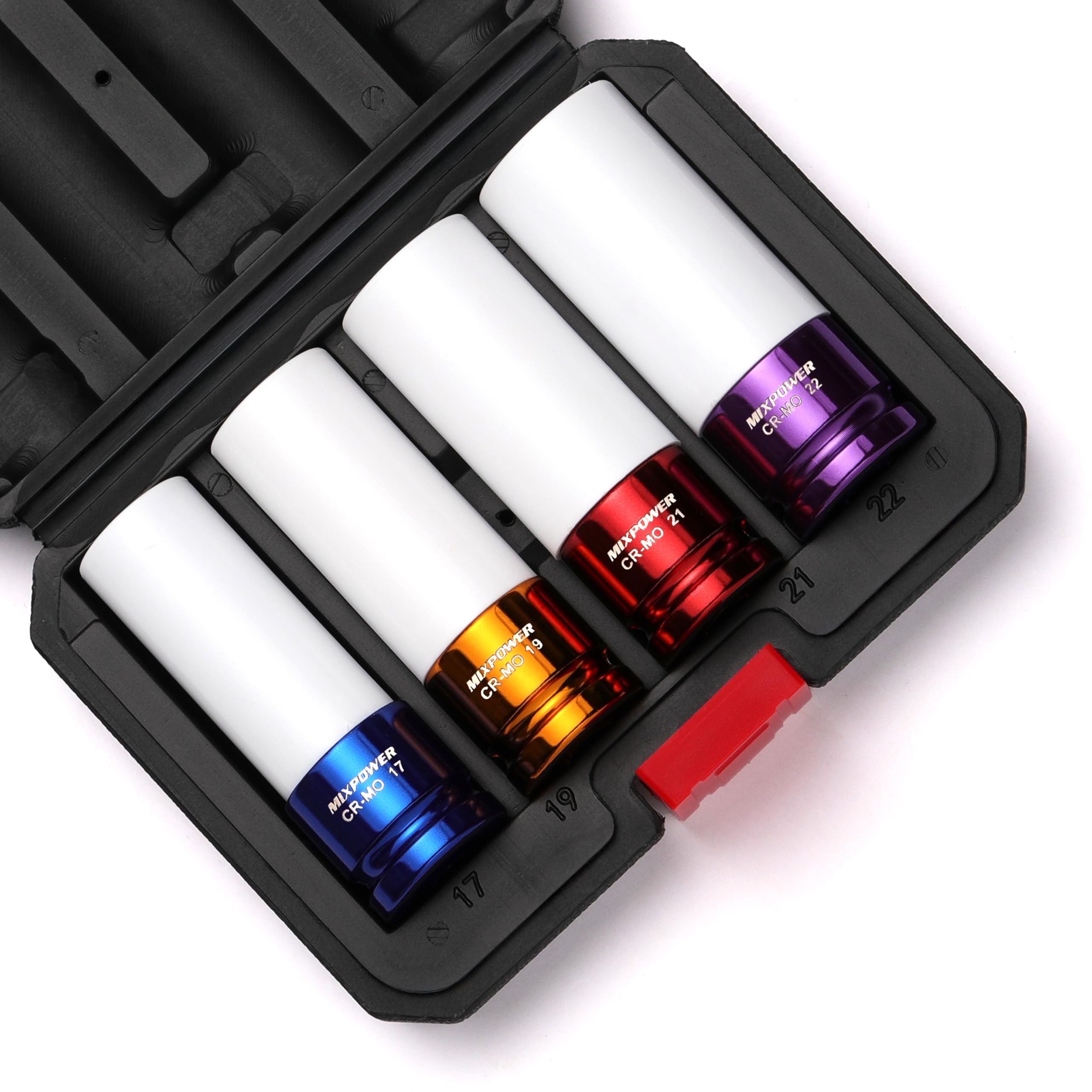 MIXPOWER Juego de 4 llaves de vaso de impacto con protector de rueda de transmisión de 1/2 pulgada, juego de 4 llaves de vaso de impacto profundo de pared fina, casquillo de tuerca de plástico