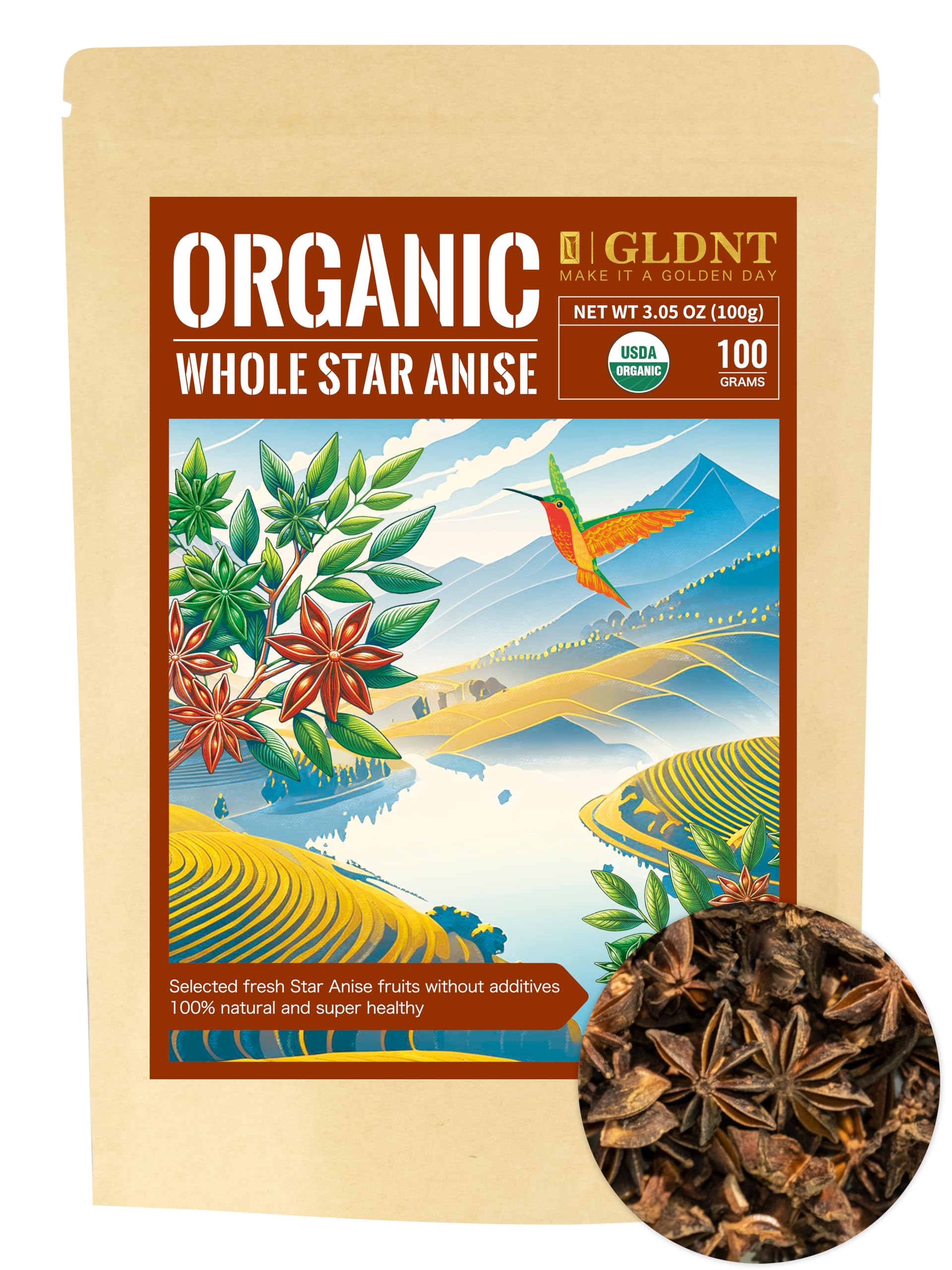 GLDNT Organic Star Anise, Whole Organic Star Anise for Cooking, Baking and Tea, Caffeine Free, 3.5oz