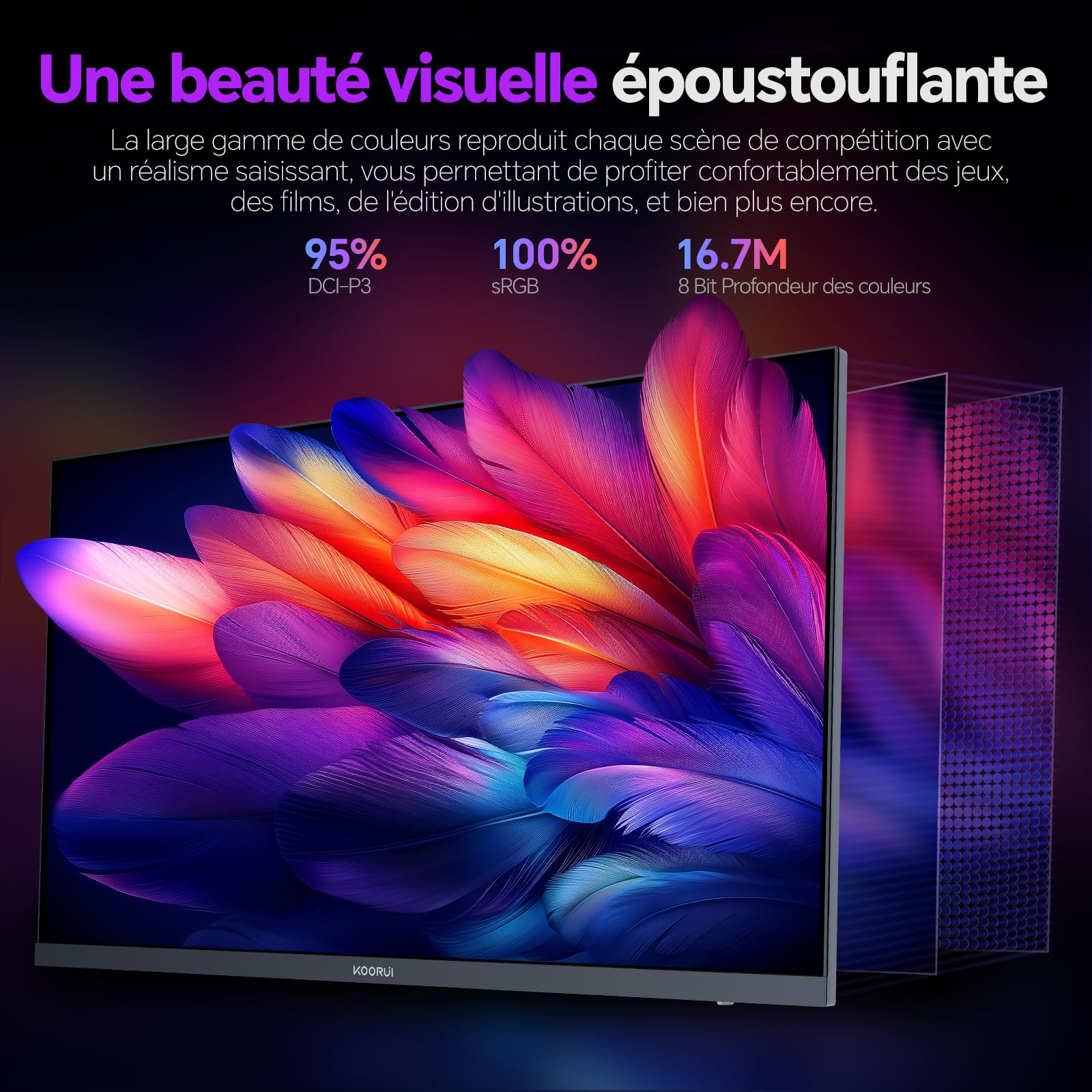 KOORUI 27 Pouces Ecran PC Gamer 200Hz WQHD HDR 400 Adaptive Sync HDMI/DP | Fast IPS, 1MS, DCI-P3 95%, SRGB 99%, WQHD 2560x1440, VESA 75*75mm, pour le travail de bureau ou les jeux