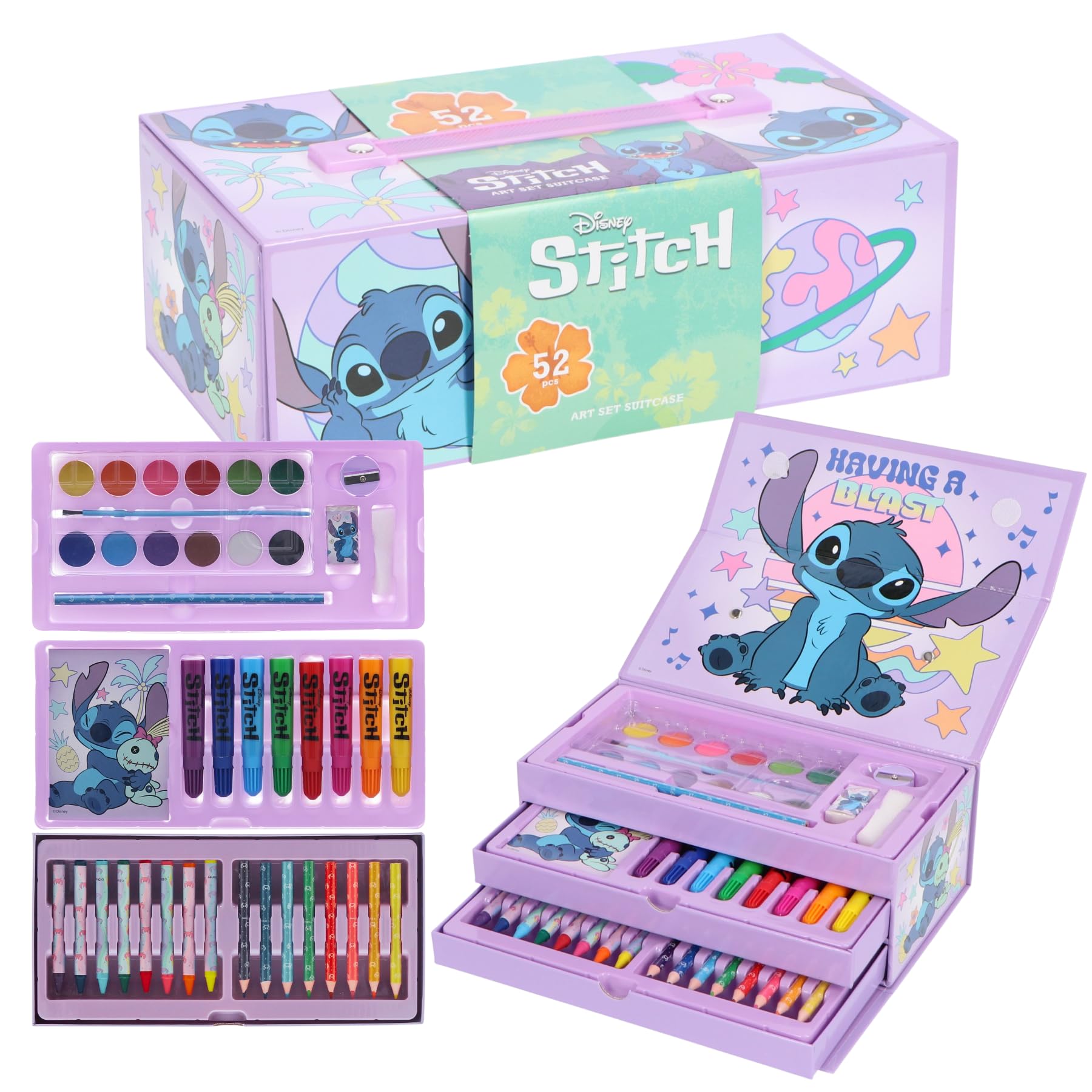 Disney Lilo & Stitch Art Set for Kids | 52-Piece Colouring Stationery Suitcase with Markers, Crayons, Pencils & More | Stitch Creative Art Briefcase for Drawing & Coloring Fun