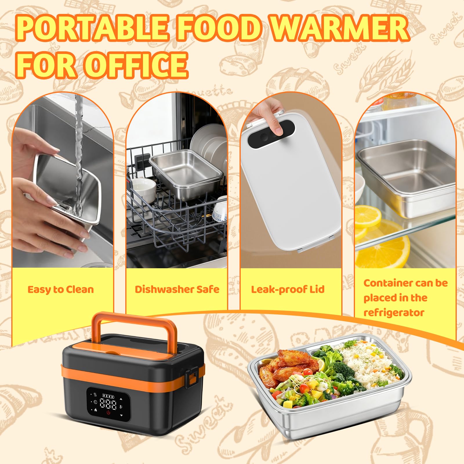 Lonchera eléctrica para alimentos, lonchera recargable para adultos, lonchera inalámbrica con autocalentamiento de 1 litro, contenedor interior extraíble de acero inoxidable 304, calentador de