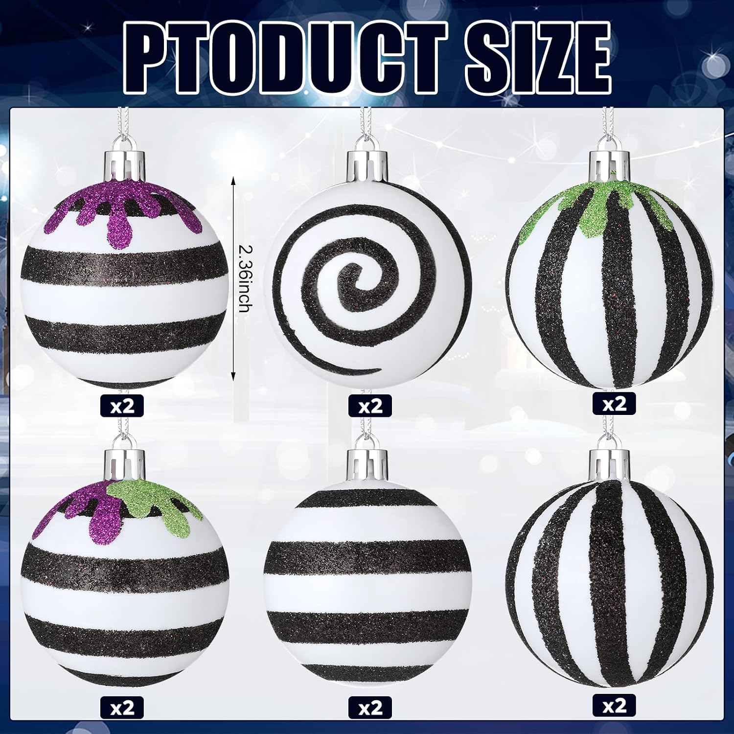 Civaner 12 Pcs 2.36 Inch Black and White Halloween Christmas Ball Ornaments