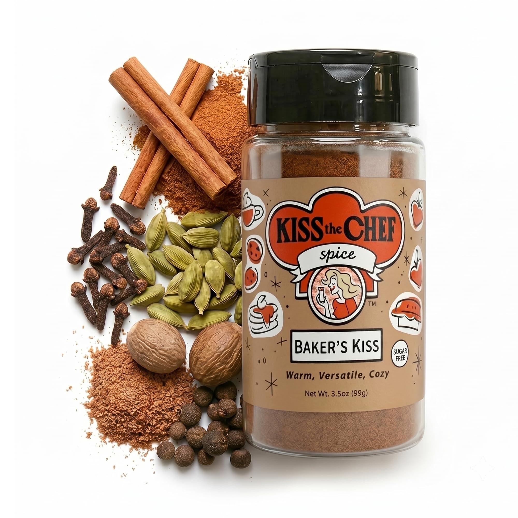 Kiss the Chef Baker's Kiss Cinnamon Cardamom Spice Blend 3.5 oz – Warm Spice for Baking, Iced Coffee, Apple Pie, Cocktails & Ice Cream – All-Season –
