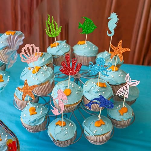 Miniatura 4 de Gyufise 30 adornos para cupcakes de sirena y estrella de mar, coral con purpurina, pulpo, caballito de mar, medusas para fiestas temáticas bajo el