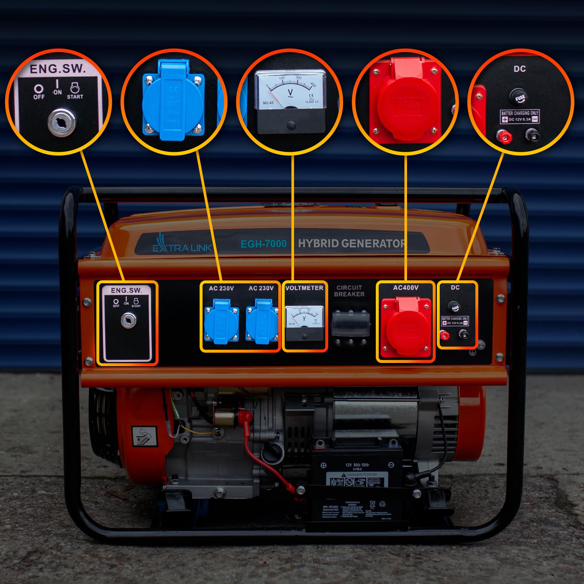 Extralink Generador Eléctrico 7500W Gasolina/Gas | Grupo Electrógeno Trifásico Dual Fuel 192F 4T, Onda Pura, 2×230V 1×400V, Arranque Eléctrico y Protección Sobrecarga | Portátil para Casa
