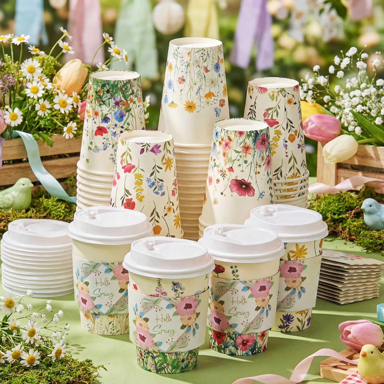 LemonRoad 100 Sets 12 oz Wildflower Paper Disposable Coffee Cups with Lid, Sleeves, 4 Color Spring Cute Flower Designs Cups Party Supplies for Tea Hot Drink Cold Beverage Cocoa(Wild Flower)