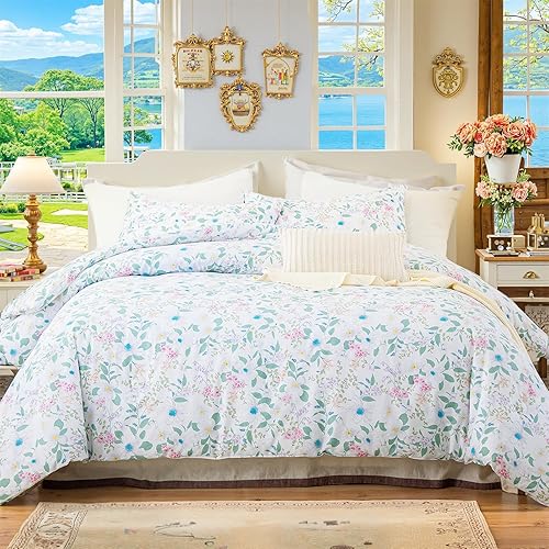 Miniatura 29 de Juego de edredón verde tamaño queen, 100% algodón reversible con patrón floral, juego de edredón de 3 piezas, edredón suave y ligero de algodón,