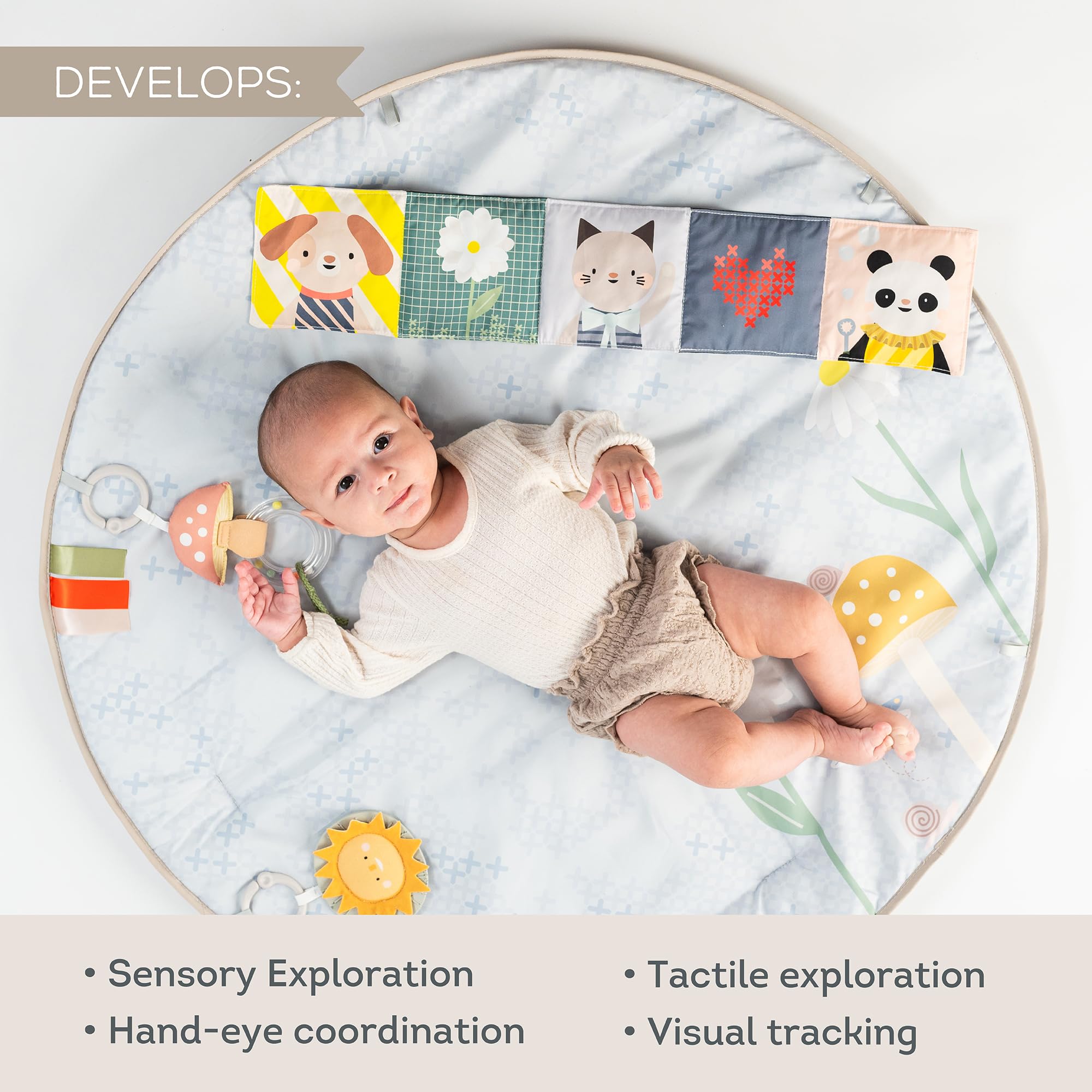 Taf Toys Fantasy Bloom Fitnessstudio.LED Lichterbögen, tragbares Musik-Mobile (20 Minuten beruhigende Melodien), sensorisches interaktives Spielzeug, doppelseitiges Babybuch & weich gepolsterte
