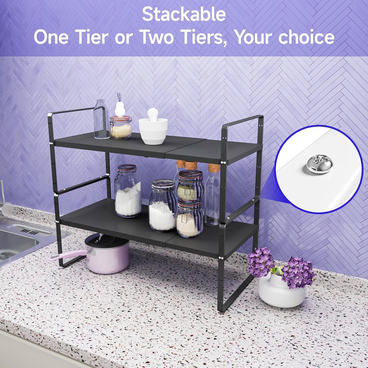 16.5-27’’L Expandable Stackable Cabinet Shelves, Adjustable Spice Rack Cabinet Shelf Organizer for Kitchen, Countertop, Pantry and Cupboard, Black