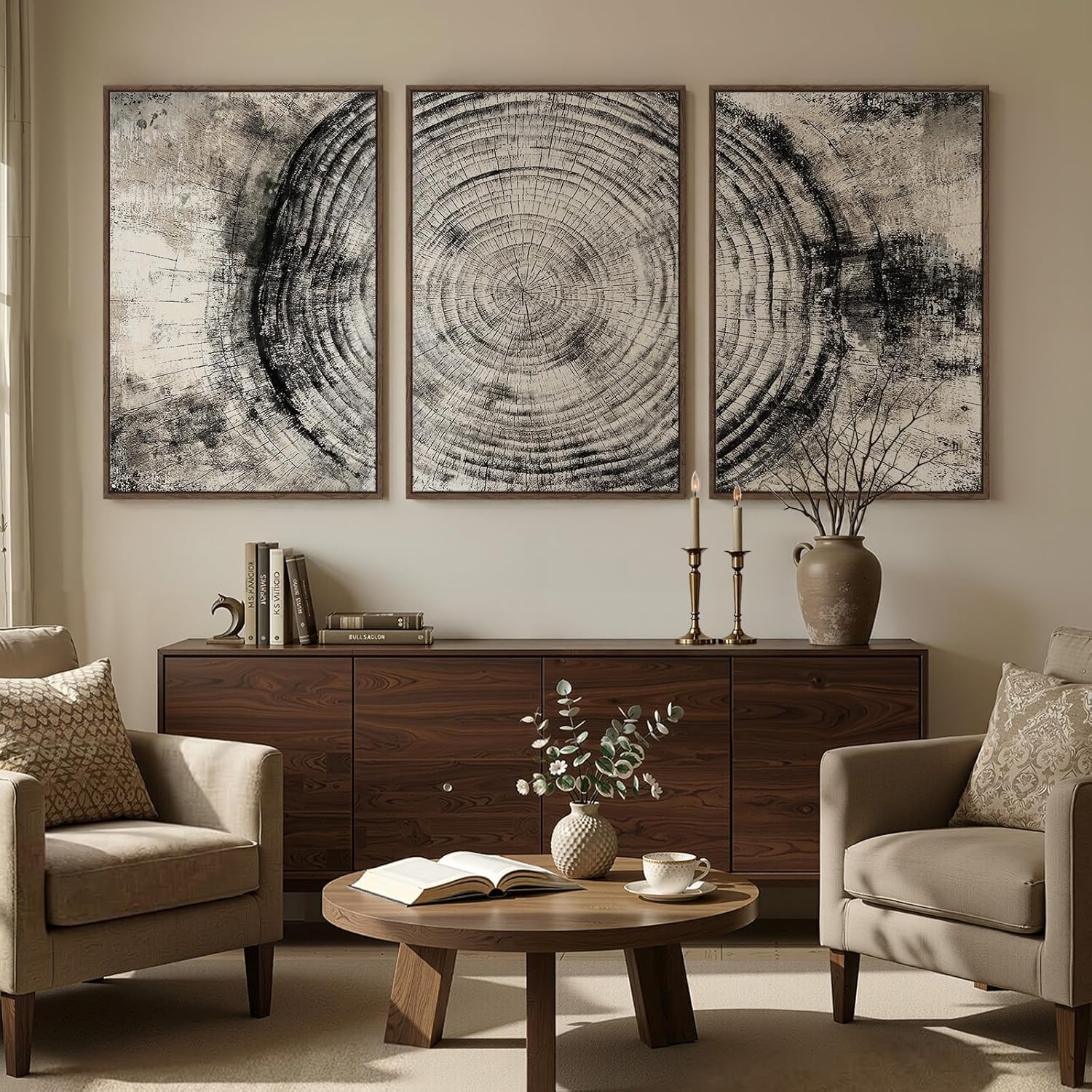 Framed Large Tree Rings Canvas Wall Art, 3 Piece Black and Gray Rustic Farmhouse Wood Stump Prints Artwork, Modern Neutral Paintings Decor for Living Room Bedroom Fireplace 24x36 Inch