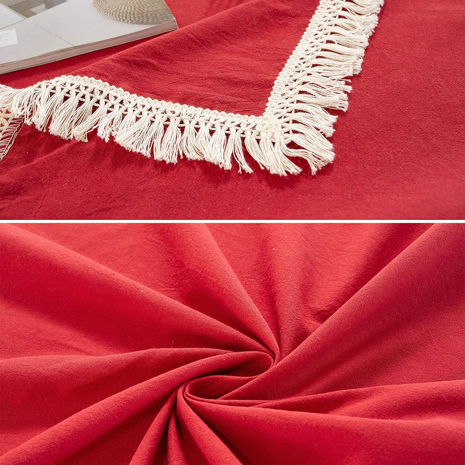 Tovaglia di lino impermeabile 228,6 x 228,6 cm, senza pieghe, lavabile, semplice tinta unita con nappe, perfetta per cucina, cene, feste, vacanze, buffet, Natale.