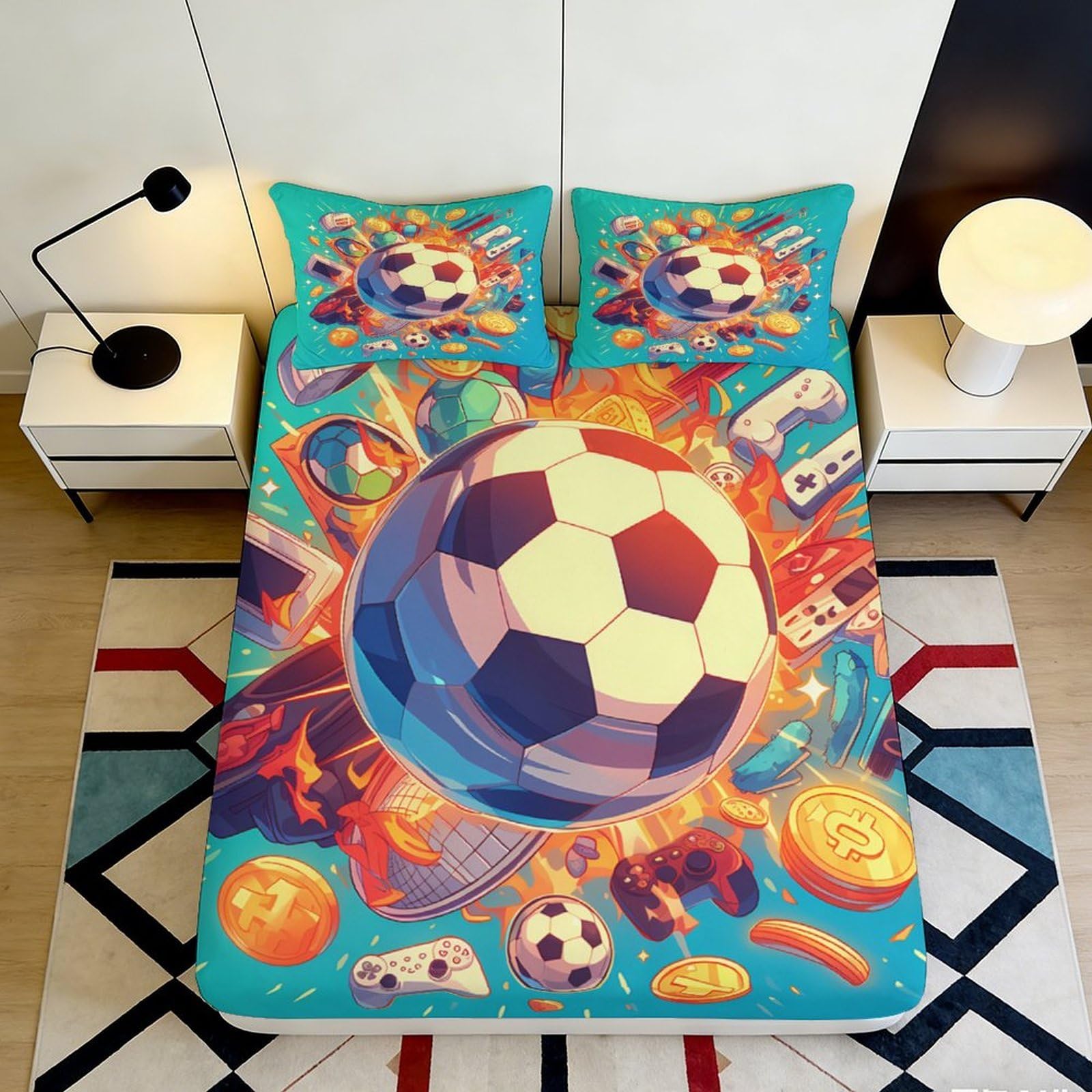 Jqzkxnhpbr Style-5 3D Printed Football Sports Fitted Sheet Microfiber Vibrant Game Console Bed Cover For Bedroom Dorm Decor 90X200x25cm