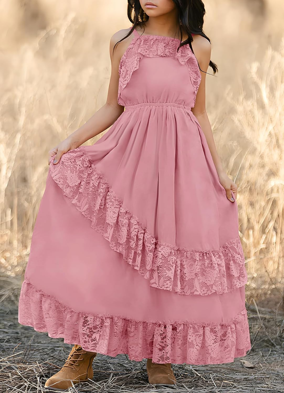 MITILLY Girls Boho Lace Flower Dresses Spaghetti Strap A-Line Ruffle Tiered Flowy Wedding Party Maxi Dress with Pockets