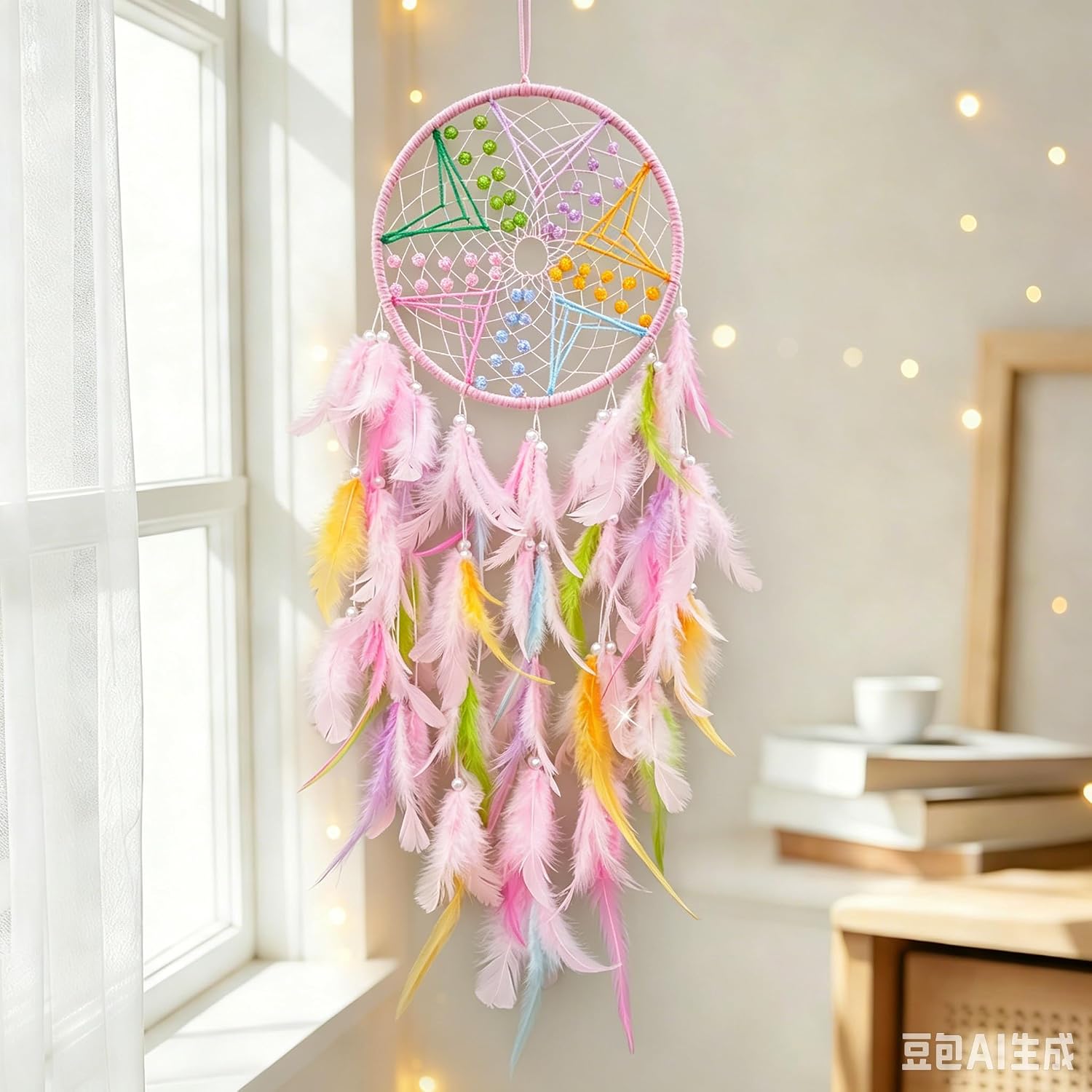 Colorful Dream Catchers, Large Dream Catcher, Handmade Feather Native American Circular Net for Kids Bedroom Wall Hanging Decoration Decor Nursery Wall Art Ornament Craft (Green)