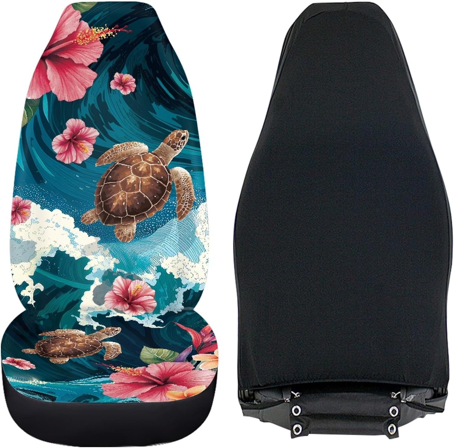 Tropical Sea Turtle Car Seat Covers 2 Pcs Auto Seat Cover for Front Hibiscus Floral Universal Elastic Vehicle Seats Cushion Breathable Automotive Accessories Interior Car Decor