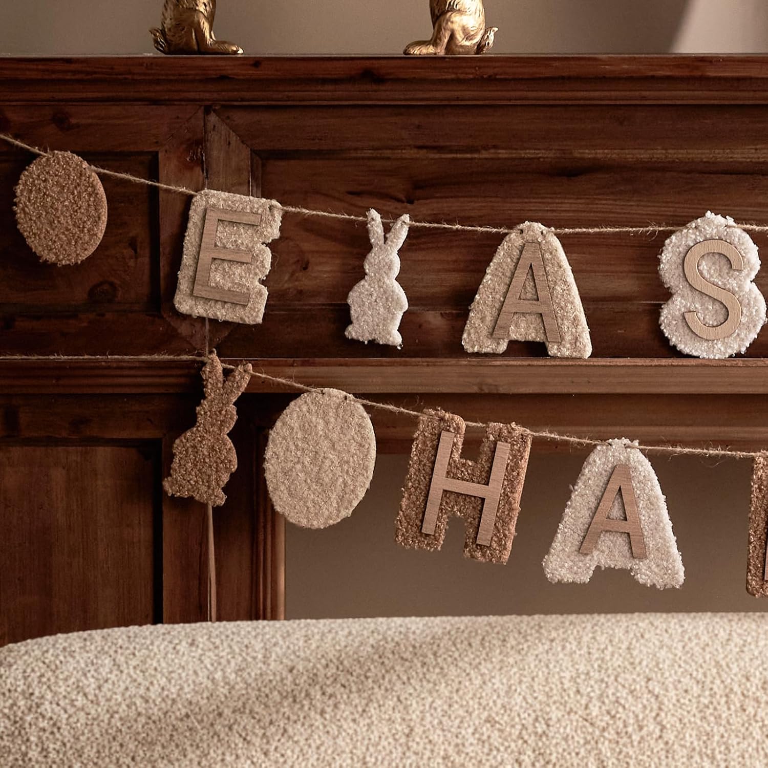 DN DECONATION Happy Easter Banner, 2-Piece Felt and Wood Hanging Sign with Bunny Egg Ornaments, Farmhouse Spring Wall Decor for Fireplace Mantel Home Party, Rustic Easter Gift & Seasonal Home Decor - Image 3