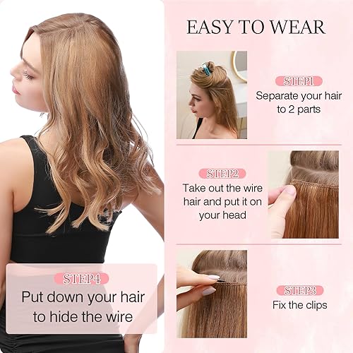 Miniatura 6 de Extensiones de cabello con alambre invisible con alambre transparente, tamaño ajustable, 4 clips de seguridad, largo, ondulado, sintético, postizo