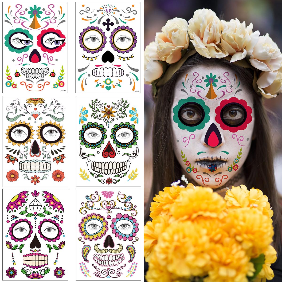 2024 Halloween Temporary Face Tattoo Sticker, Day of The Dead Full Face Makeup for Party Costume Sugar Skull Floral Skeleton Web Red Roses Tattoos(Style B)