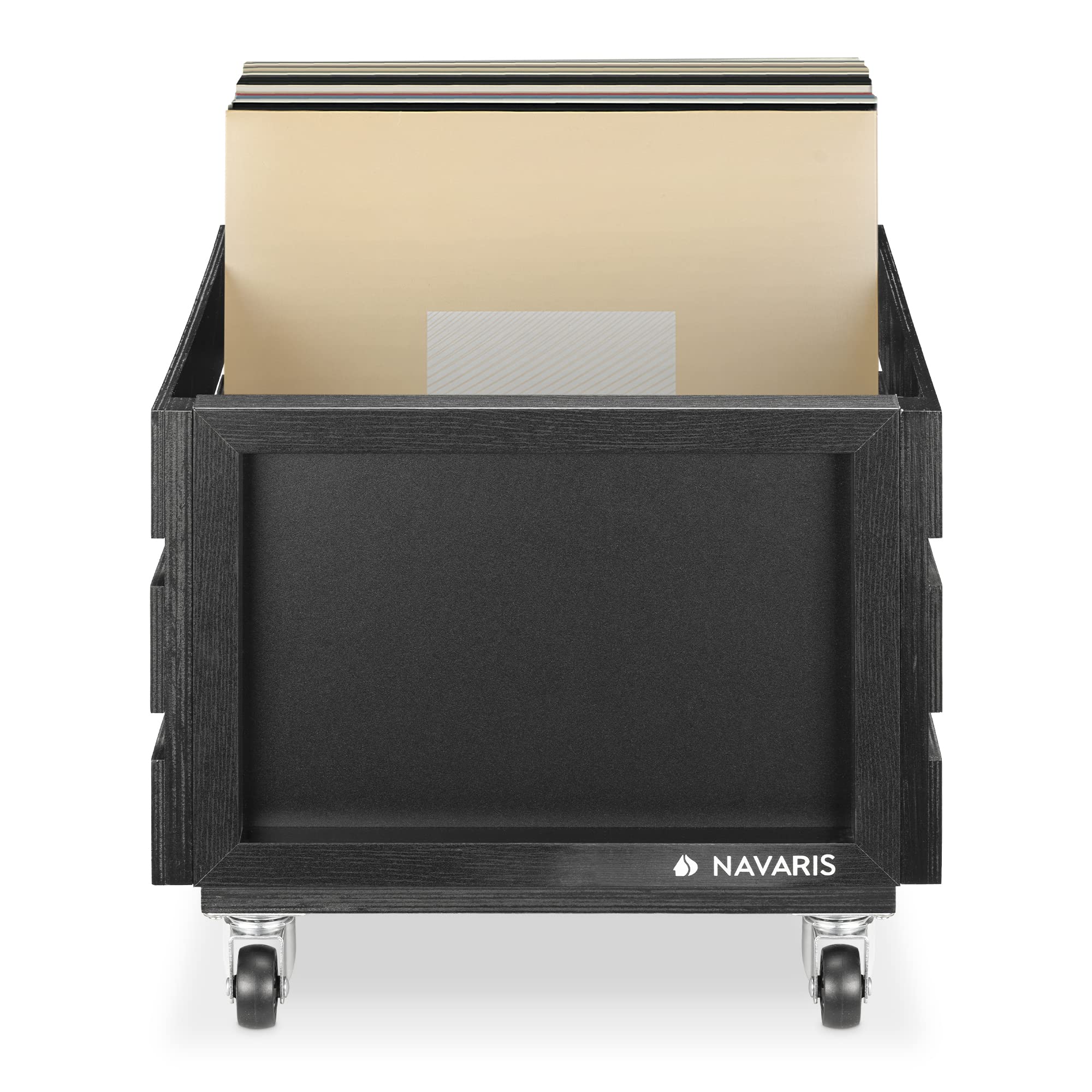 Navaris Holz Schallplatten Kiste mit Kreidetafel - mit Rädern - 42,9 x 34,4 x 28 cm - für bis zu 80 LPs - Vinyl Aufbewahrung Holzkiste - Schwarz
