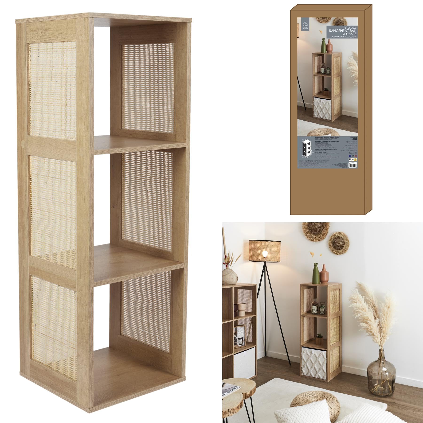 HOME DECO FACTORY Rangement Modulable 3 Cases en Rotin Design Aéré Marron | Rotin, rangement modulable, 3 cases, design aéré, salon chambre entrée, naturel et pratique, 34x99x32 cm, marron