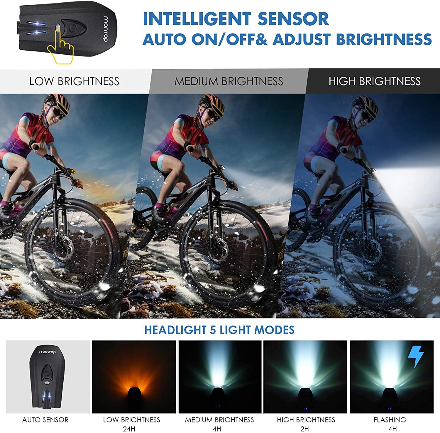 Le luci del manubrio Set a LED della Bike Light, LED Lampi for bicicletta USB ricaricabile, faro anteriore impermeabile e set posteriore posteriore, super luminoso lampada da bici 1200mAh batteria agl