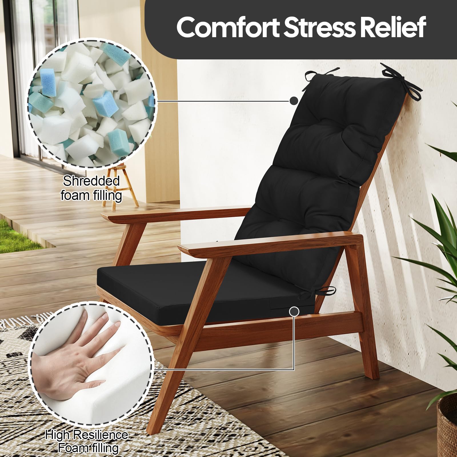 Coussin de chaise de jardin à dossier haut imperméable avec dossier touffeté et attaches pour mobilier de jardin et terrasse, chaises longues, 120 x 50 cm, noir