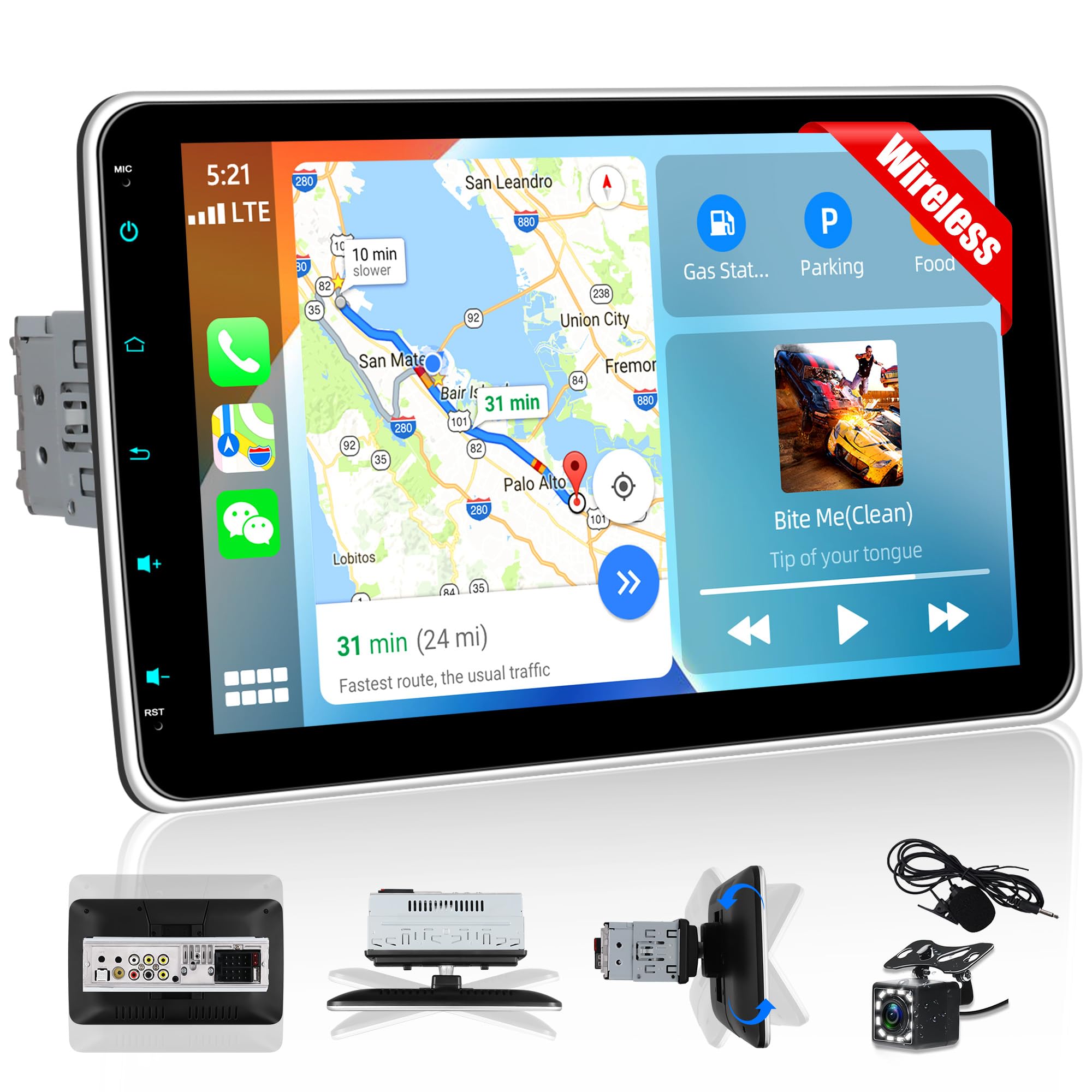 CAMECHO [CARPALY] 1 DIN YouTube Autoradio da 10'' con Schermo Rimovibile e Regolabile, WIRELESS Car Play MP5 per auto con Android Auto Bluetooth FM/RDS EQ Mirror Link +Telecamera