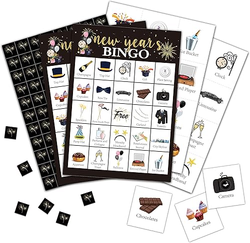 Tarjetas de bingo de Año Nuevo juego de víspera de Año Nuevo para 24 jugadores juegos de fiesta de Navidad para familiares amigos actividades