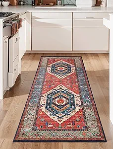 SERISSA Boho Washable Runner Rug, 2x6 Rug Runner Non-Slip Vintage Rust Hallway Kitchen Runner Rug Ultra Soft Print Distressed Tribal Floor Carpet Runner for Bedroom Bathroom Laundry Living Room