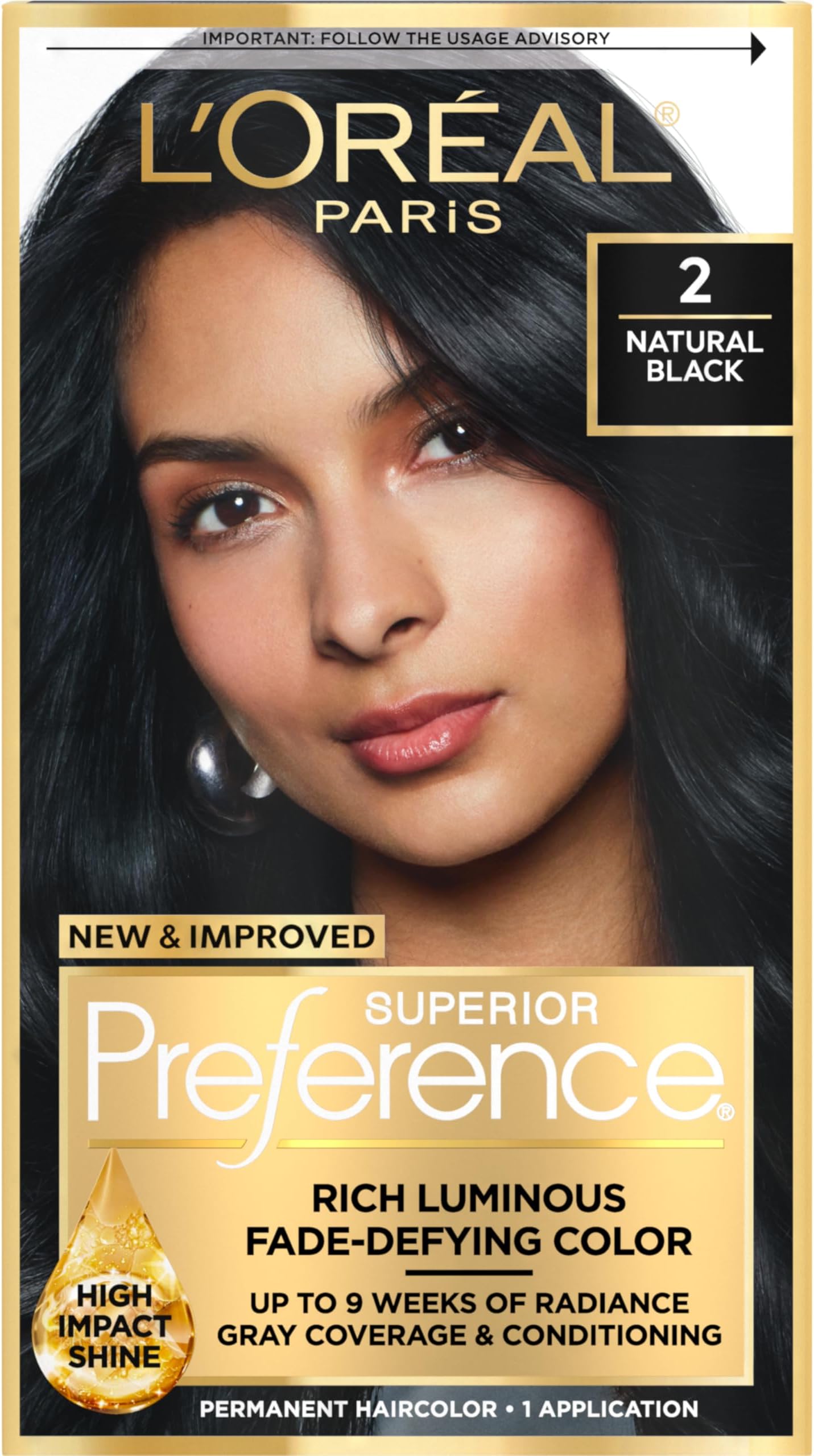 L'Oreal Paris Superior Preference Luminous Fade-Defying Permanent Hair Color, Hair Dye For Up to 9 Weeks of Radiance, Natural Black 2, 1 Hair Dye Kit