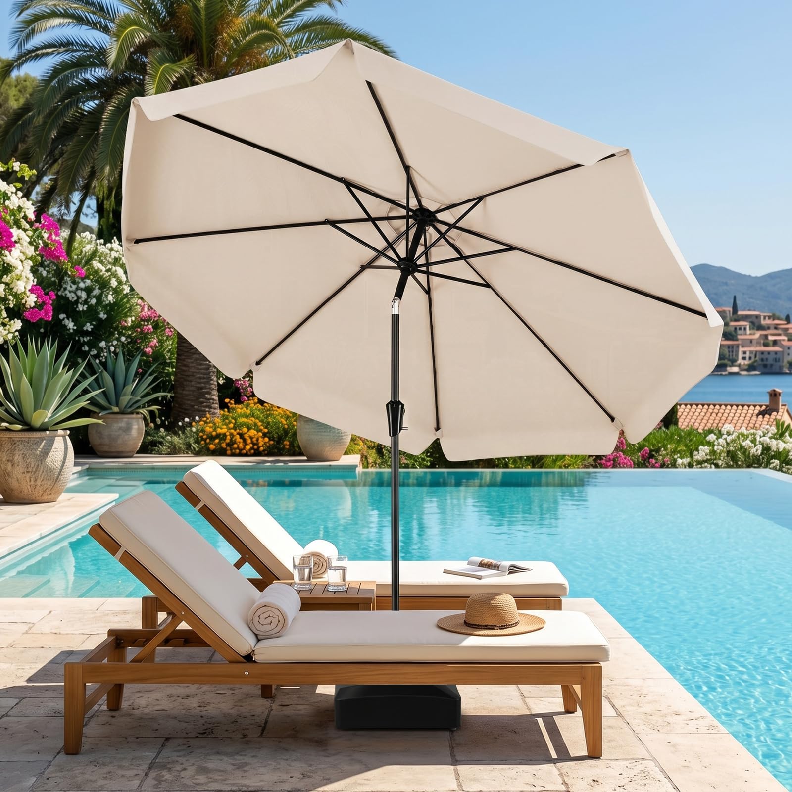 COSTWAY Sonnenschirm 300 cm, Gartenschirm mit Volant & Kurbel, beidseitig um 30° knickbar, Balkonschirm, Terrassenschirm, UV-Schutz, Marktschirm für Garten, Balkon, Terrasse (Beige)