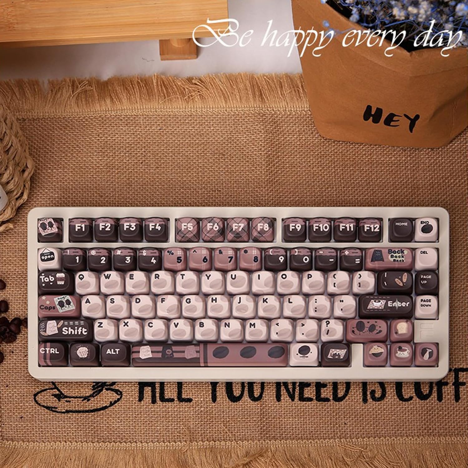 Unique Cartoon Coffee Brown Theme Keycap Set 131 Keys for Personalizing Mechanical Keyboards Keycap Set