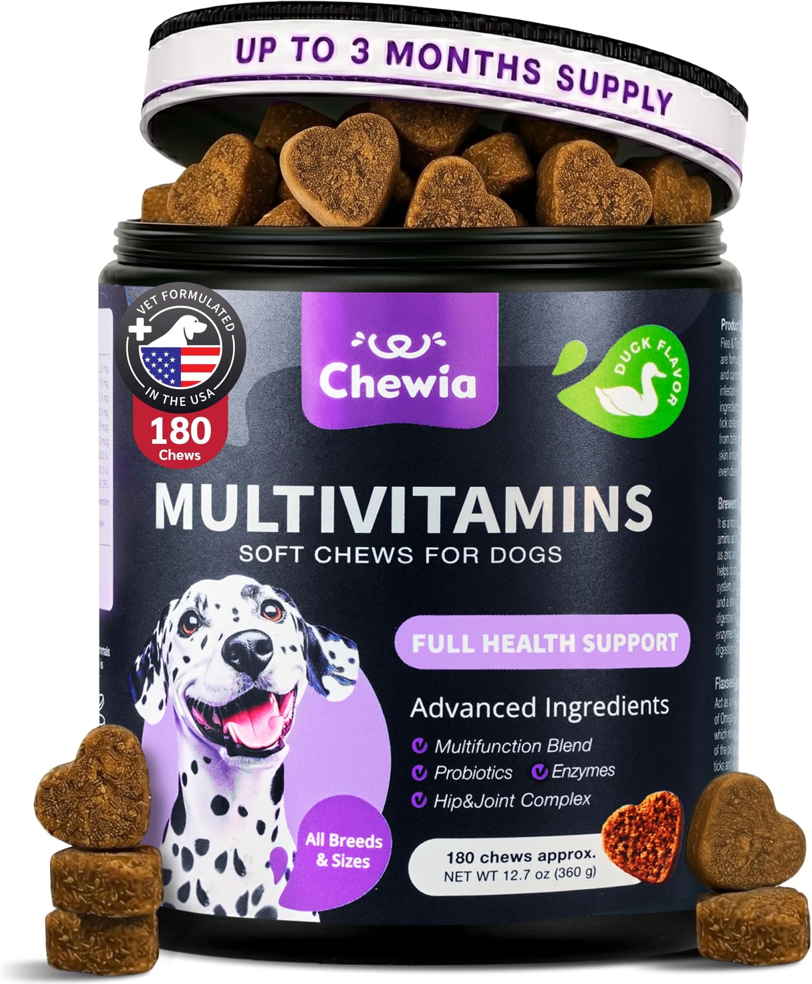 Dog Vitamins 15 in 1 - Dog Multivitamin Chews with MSM for Hip & Joint Health - Dog Supplement for Itchy Skin Relief - Multivitamin for Dogs Immune Support with Enzymes - Skin & Coat, Mobility Support