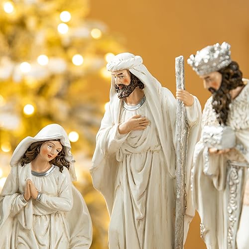 Vista 5 de glitzhome 6Pcs Ivory Nativity Set for Christmas Indoor nacimientos navideos pesebre de Navidad Resin Nativity Figurines Sets Nativity Sence