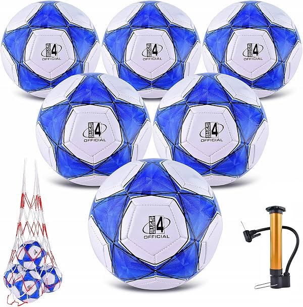 Paquete de 6 Balones de Fútbol Clásicos Desinflados, Talla 4/5 con Bomba y Bolsa de Malla para Entrenamiento en Césped, Práctica, Regalo Deportivo para Principiantes y Adultos