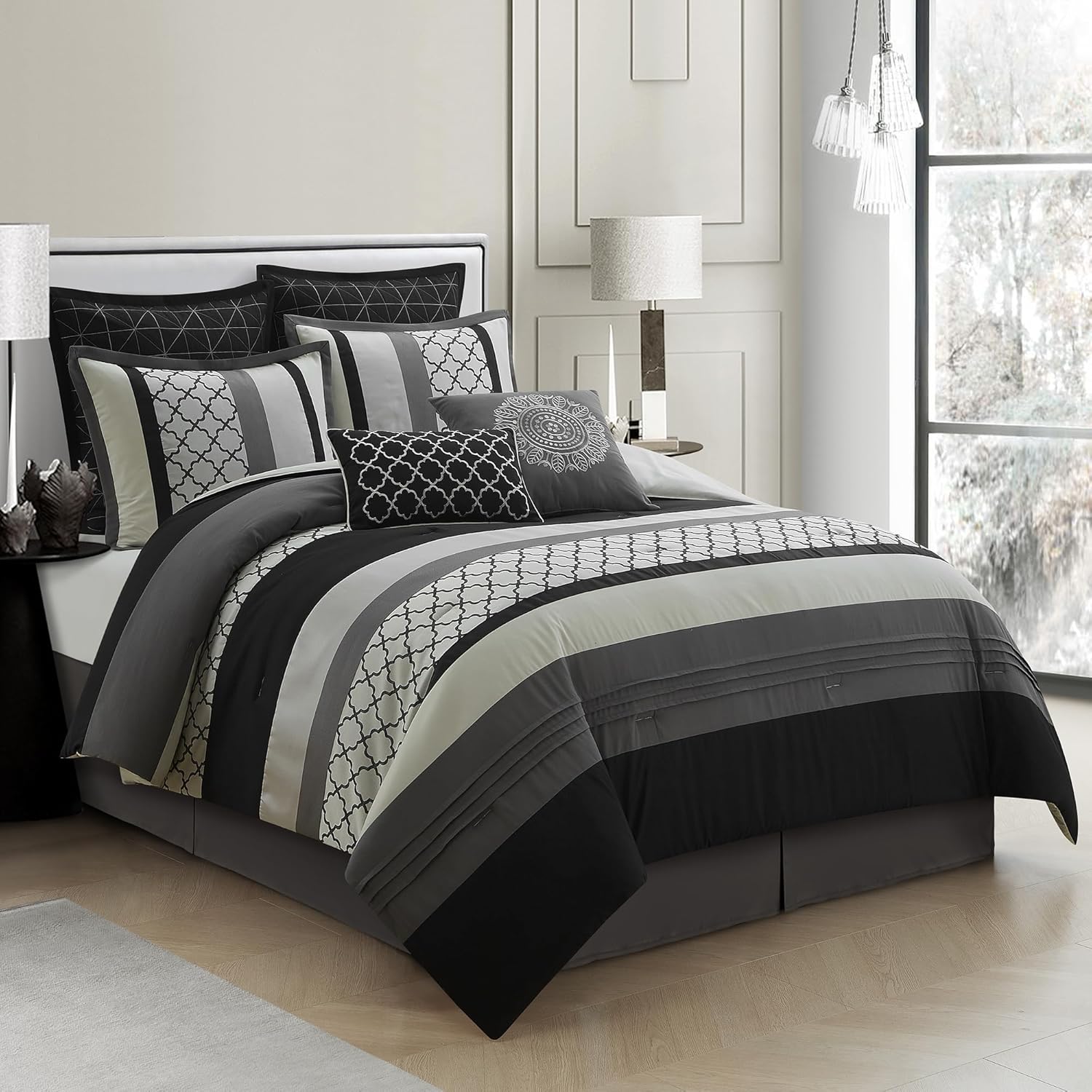 Queen Comforter Set, Black Gray Bedding Set, Jacquard Woven with Embroidery, 8 Pieces Bed in a Bag, Bed Skirt, Shams and Decorative Pillows