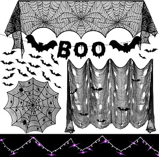 8 Pack Halloween Decorations Indoor Fireplace Decor,Mantel Scarf, Round Table Runner, Creepy Cloth, Boo Banner, 3D Bats, Spiderweb for Haunted House Party Gothic Decor