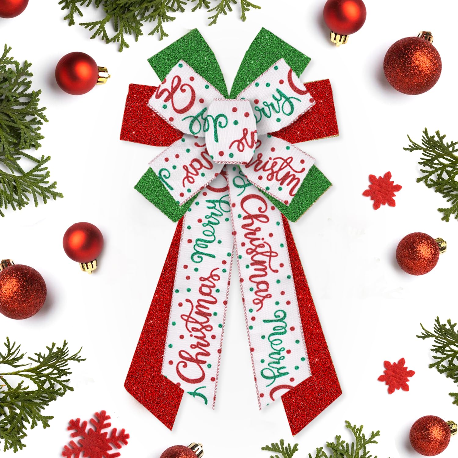 Hying Large Christmas Bows for Wreath, Christmas Wreath Bow Glitter Green Red White Burlap Bows Xmas Tree Topper Bows Ornaments for Front Door New