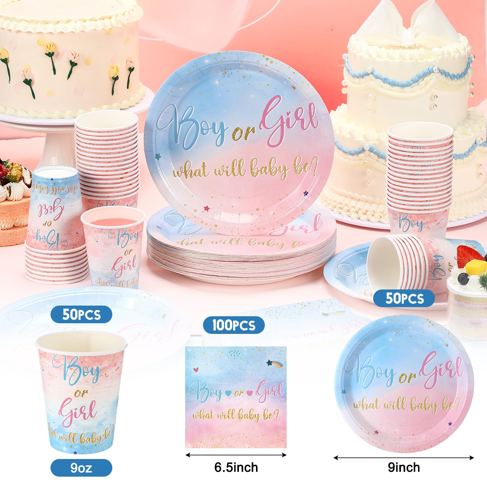 Hushee 200 Stück Geschlechtsoffenbarung Babyparty Pappteller Servietten Becher Babyparty Partyzubehör Geschirr-Set Einwegbecher Serviette für 50 Gäste Party Dekoration