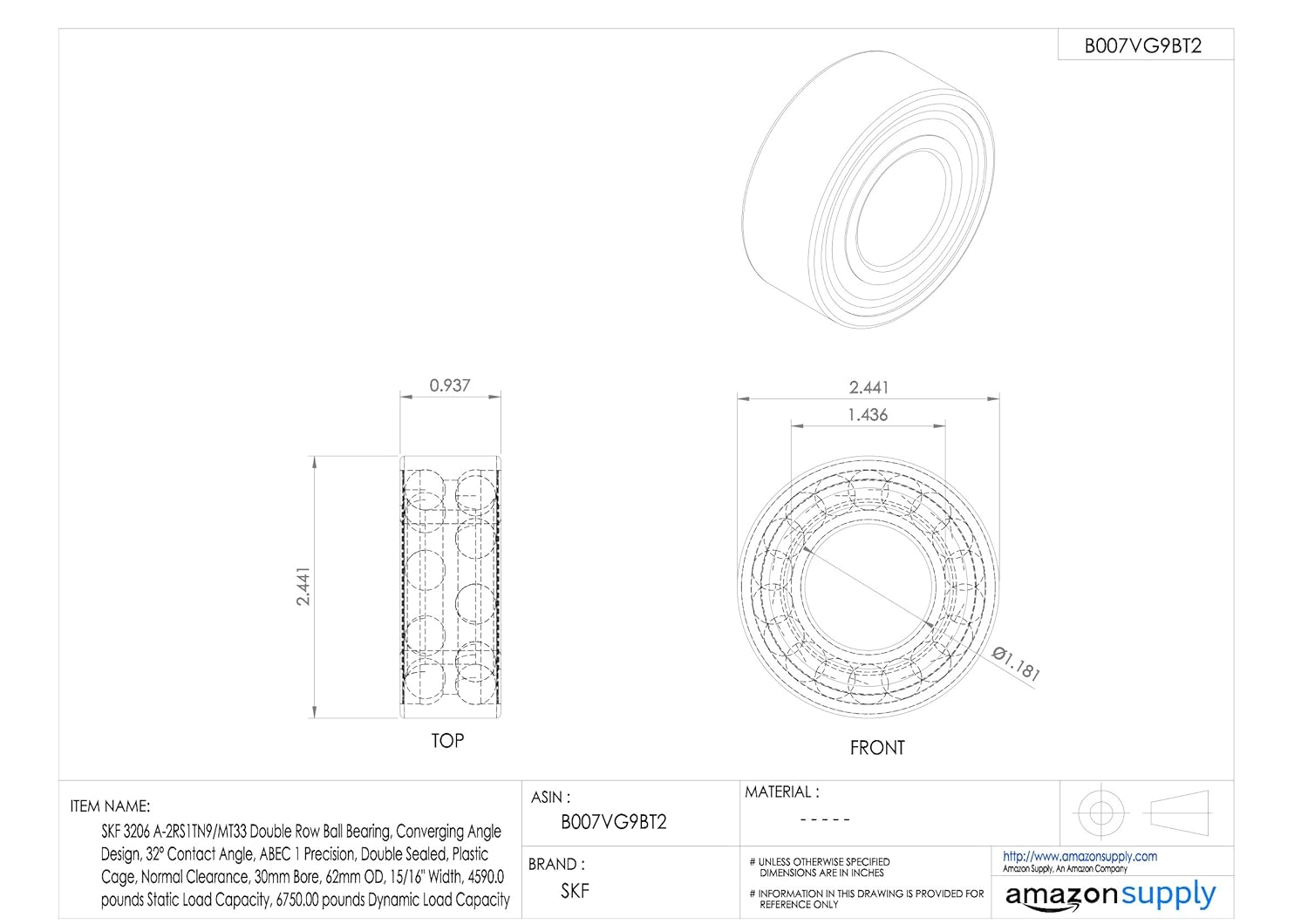SKF 3302 A-2RS1TN9/MT33 Double Row Ball Bearing, Converging Angle Design, 32° Contact Angle, ABEC 1 Precision, Double Sealed, Plastic Cage, Normal Clearance, 15mm Bore, 42mm OD, 19mm Width
