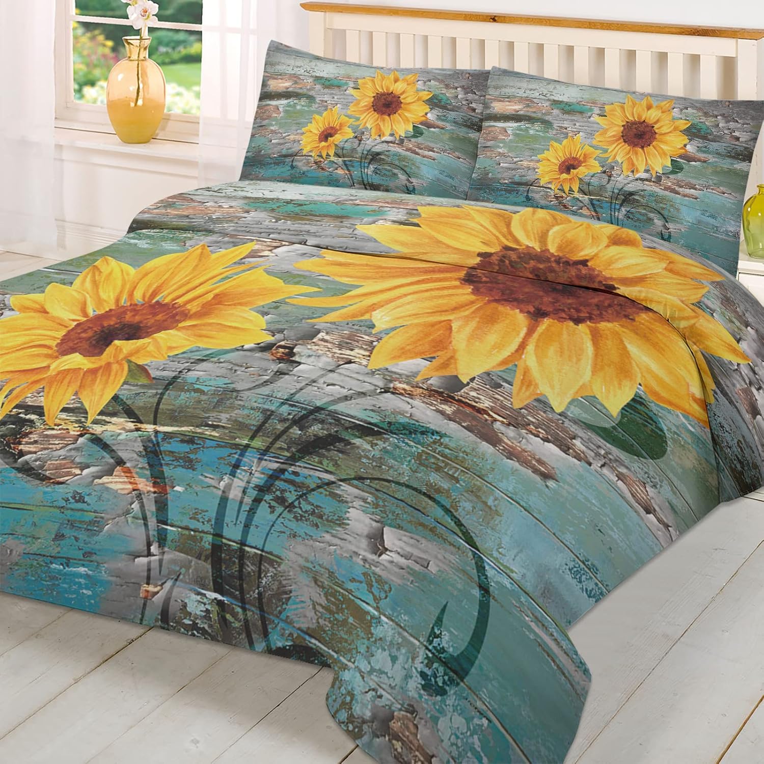 Country Retro Sunflower Duvet Cover California King Size