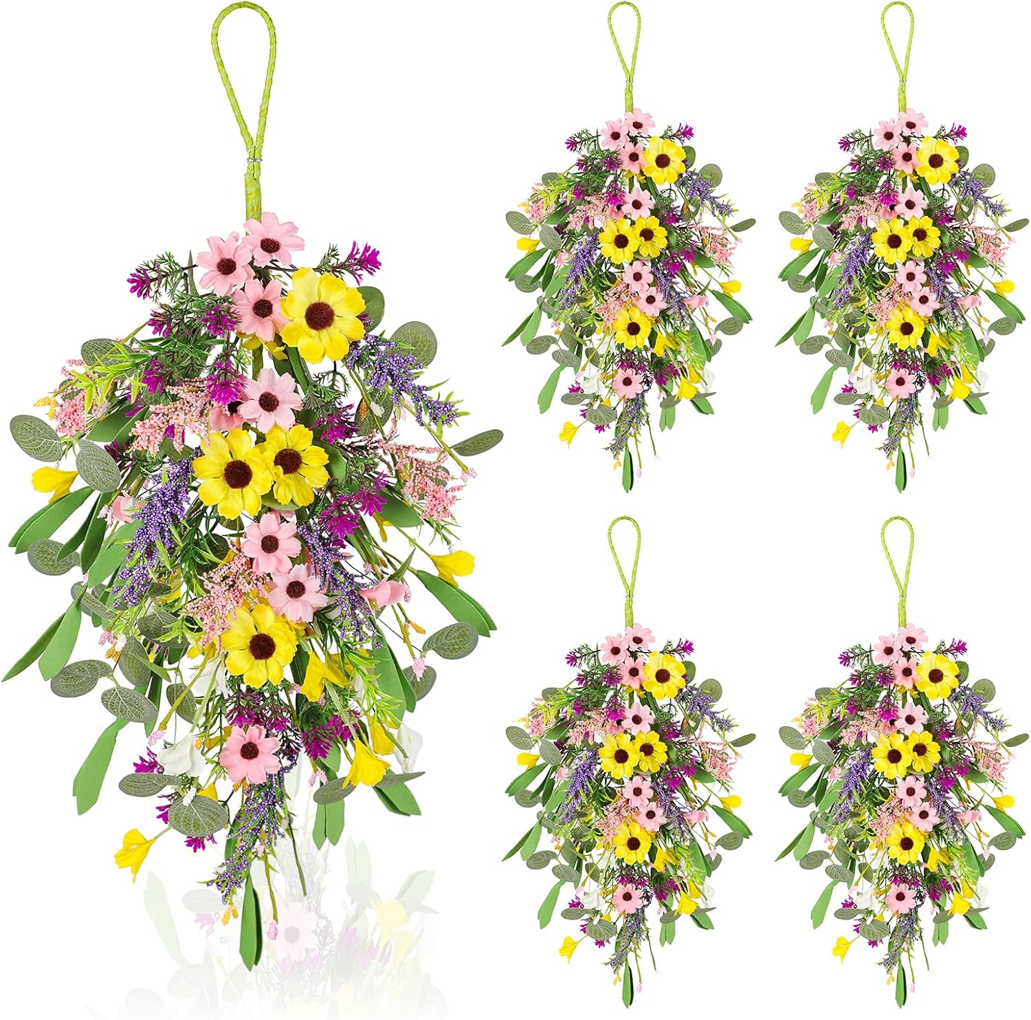 4 Pcs Spring Swags for Front Door, 23.6" Artificial Floral Teardrop Swags with Sunflowers Daisies Lavender, Spring Porch Decor Swag for Farmhouse Wall Window Cabinet Easter Decorations