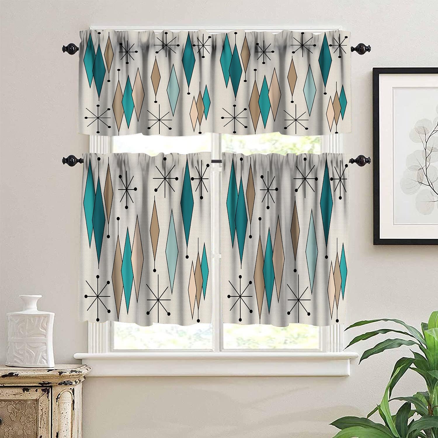 Modern Mid Century Valance 3 Piece Set,Modern Middle Century Retro Green Window Treatments for Living Room Bedroom Kitchen,Home Bedroom Living Room Kitchen Rustic Drapes