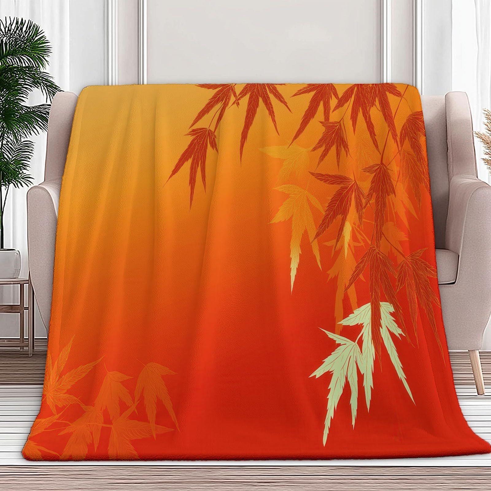 Couverture en flanelle 220x240 cm grand lit motif bambou orange