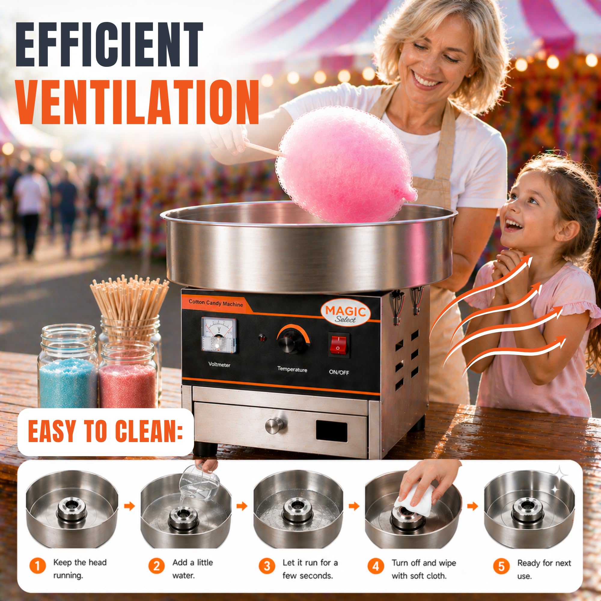 Máquina de Algodón de Azúcar Profesional 900W, Acero Inoxidable con Control de Temperatura, Calentamiento Rápido 2-3 Min, Incluye Paleta Dosificadora, para Eventos y Ferias. (52x52x43 cm)