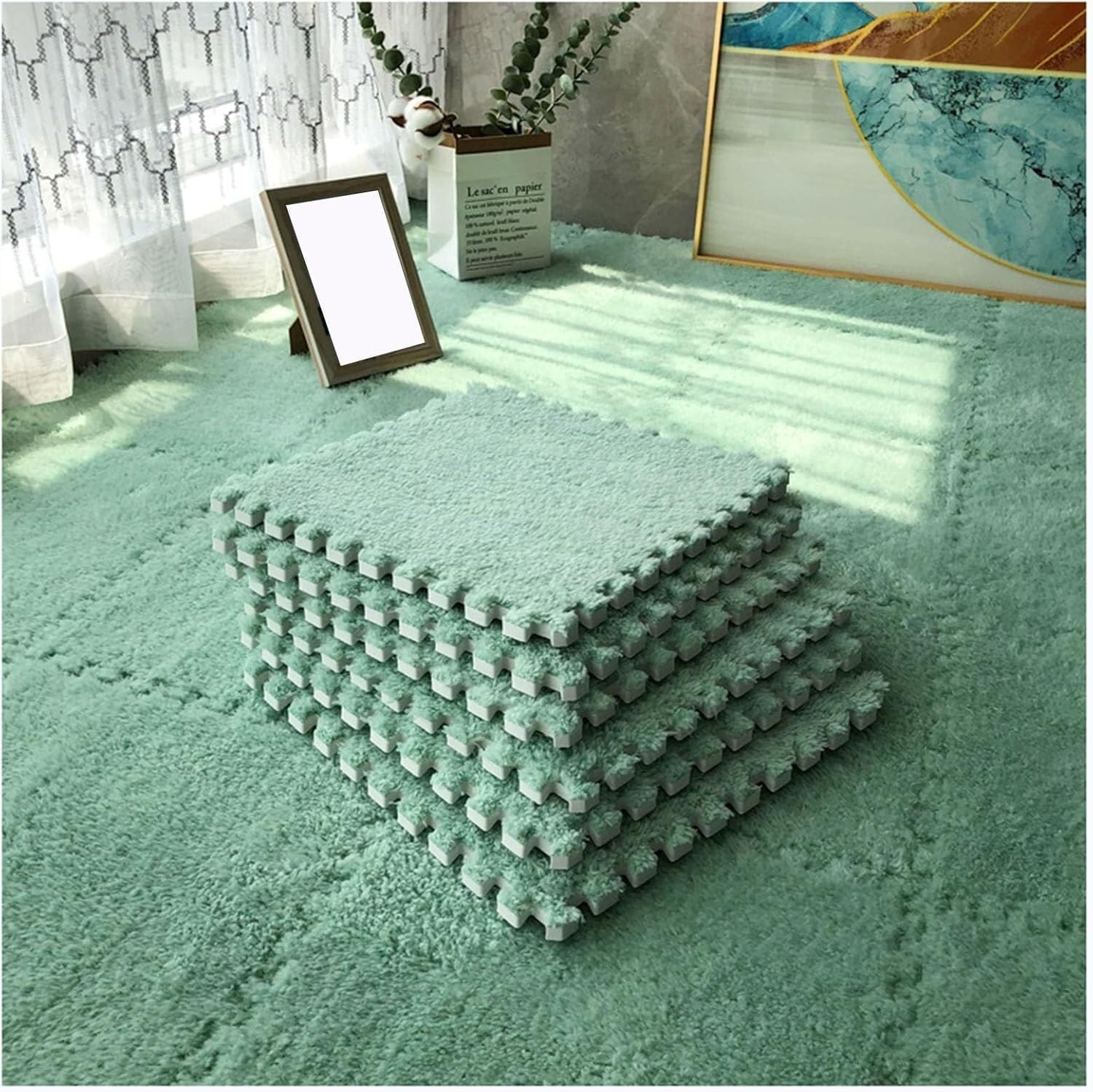 JvFbjLF Plush Foam Floor Mat 12x12inch Square Foam Playmat Fluffy Interlocking Foam Tiles(Light Green,20pcs)