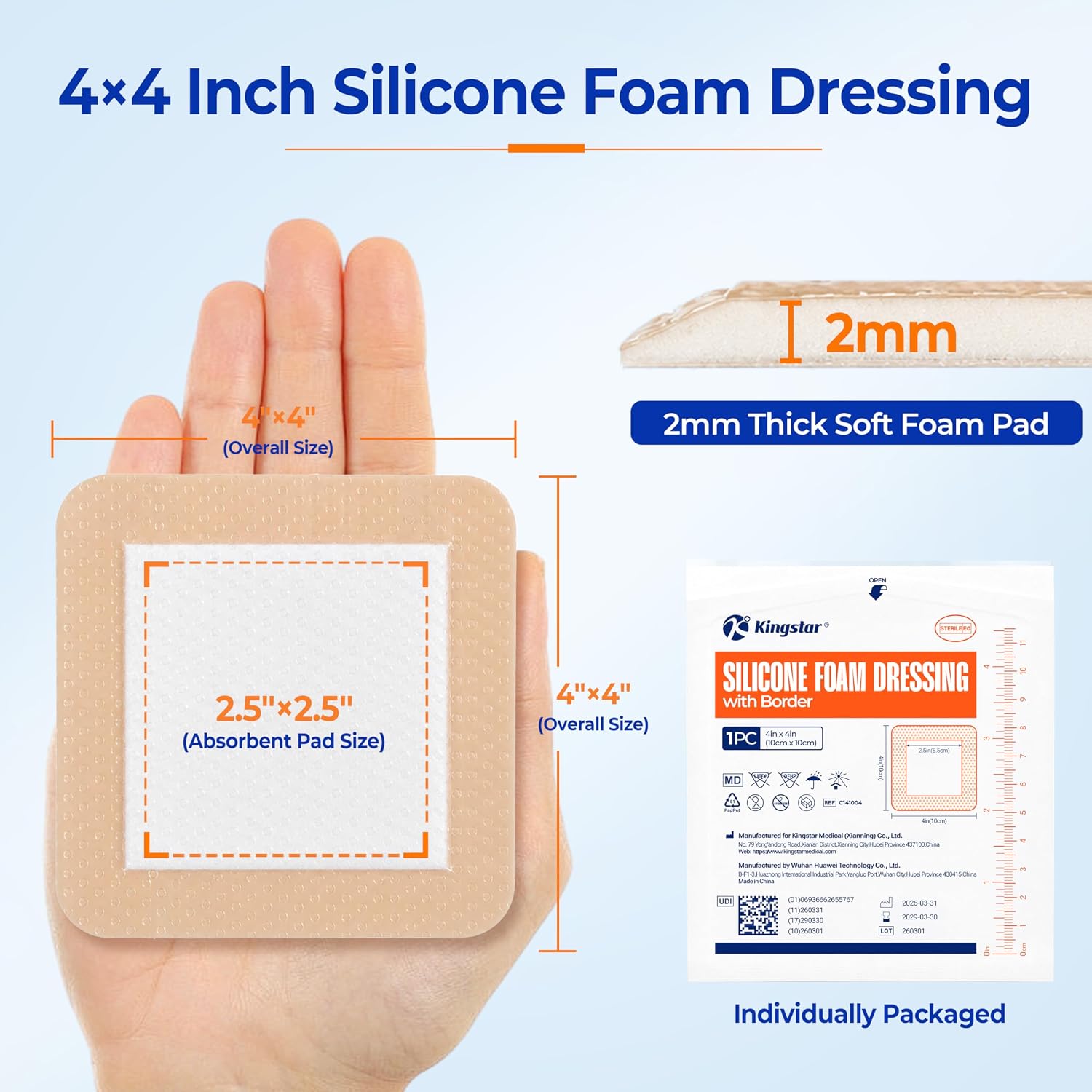 20 Pack Silicone Foam Dressing 4x4 Inch with Gentle Border, Large Waterproof Adhesive Foam Bandages for Wound Care, High Absorbency Bed Sore Patches, Pressure Sore Pads