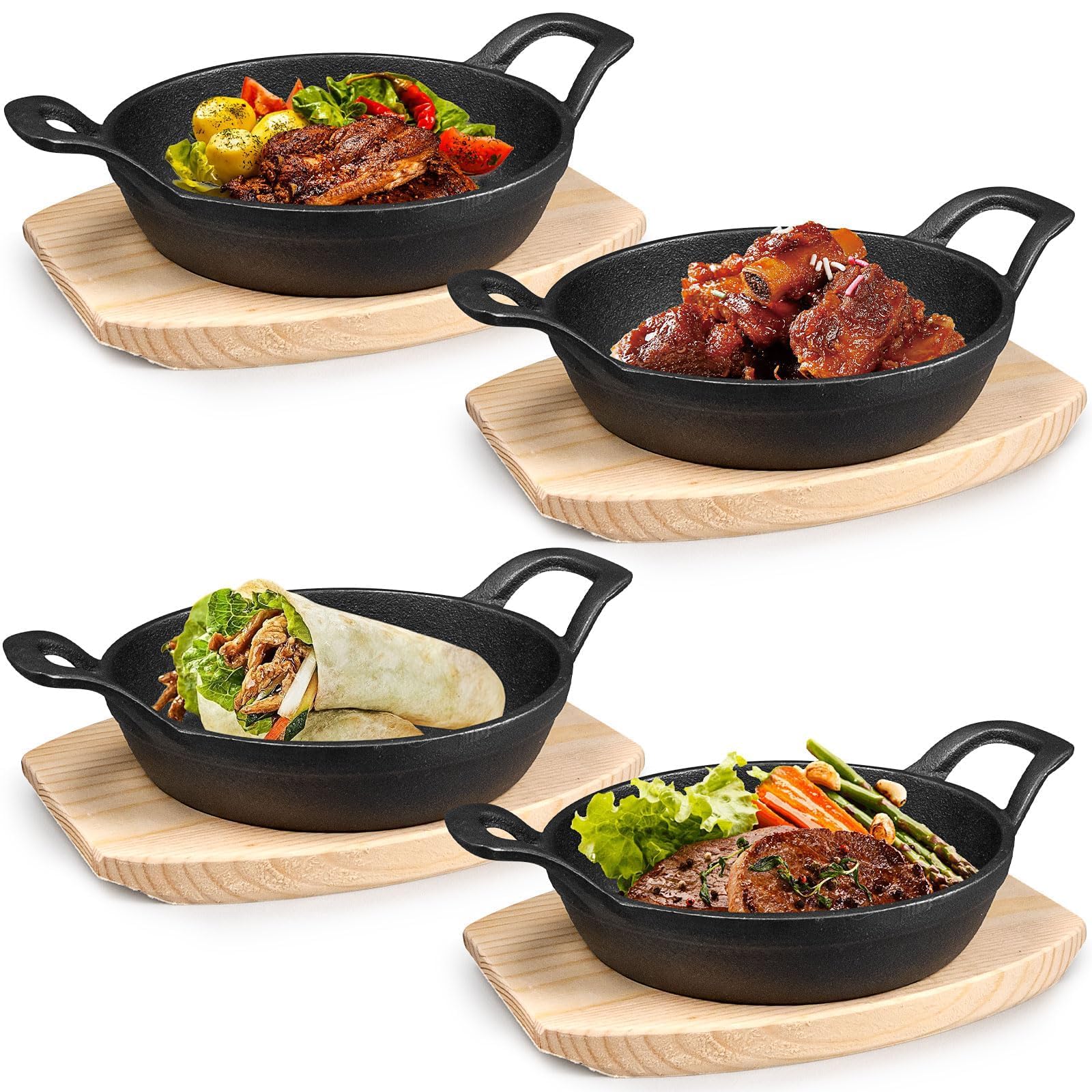 Lot de 4 Mini Poêles en Fonte 16 cm avec Poignées et Planches en Bois, Poêle Ronde Four pour Gratin, Casserole en Fonte pour Cuisson, Friture, Service Chaud, Compatible Four et Gaz