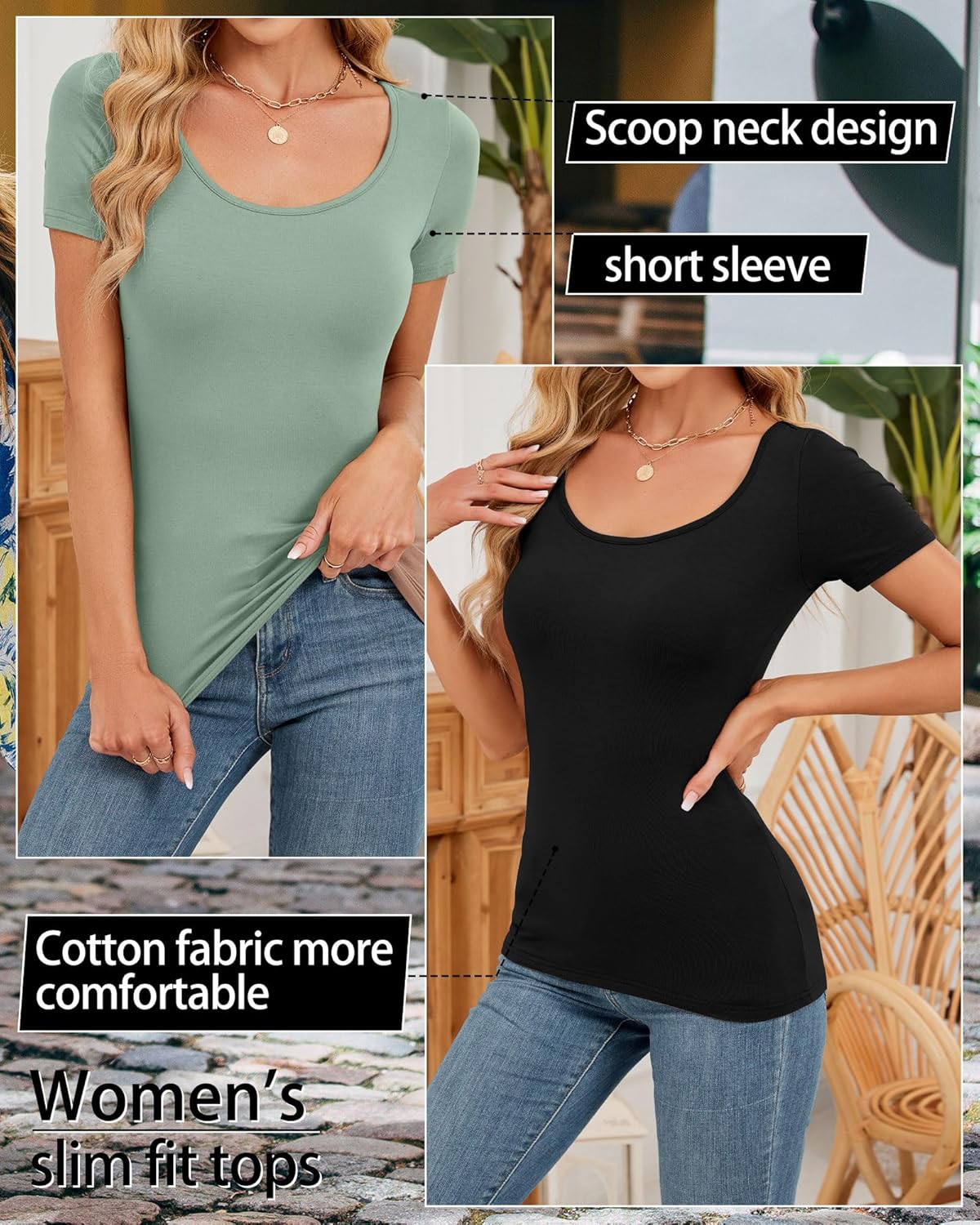 Ficerd 4 Pack Women's Scoop Neck Short Sleeve Shirts Slim Fitted Tops Stretchy Tight Casual Basic Summer Tees - Image 7