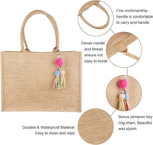 Miniatura 4 de FITDON Jute Canvas Tote Bag Women, Large Jute Bag Beach Bag Foldable Waterproof Shopping Bags Handbag for Picnic Travel Beach